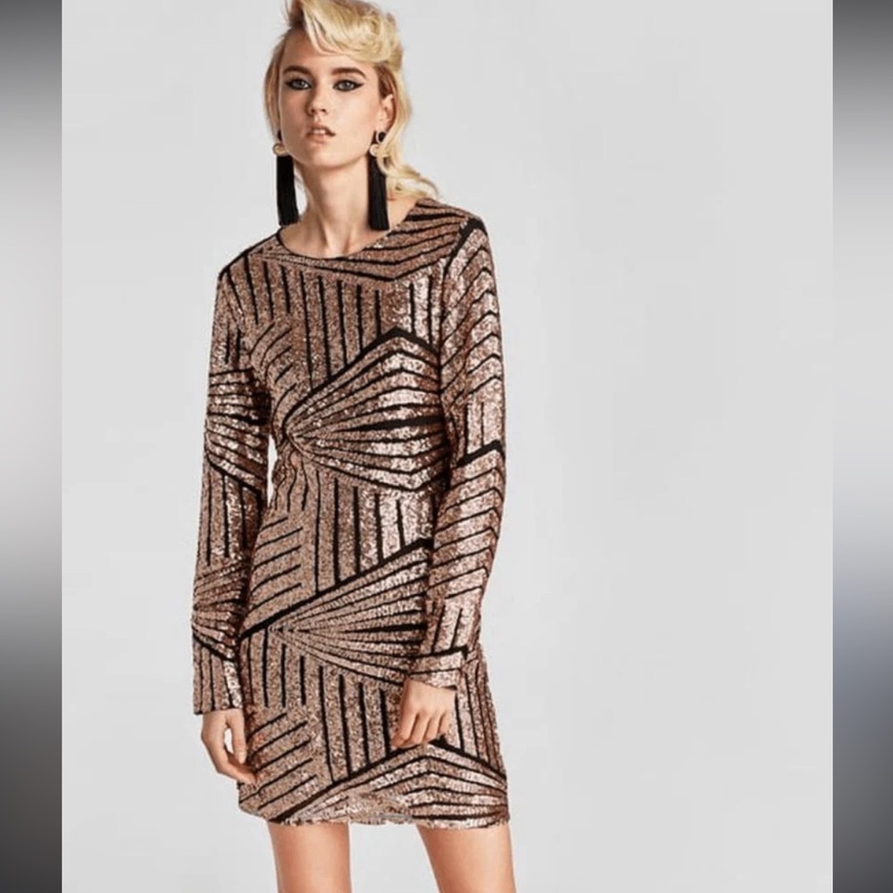Zara Women Glamorous Art Deco Elevated Mob Wife Sequin Evening Dress Copper S